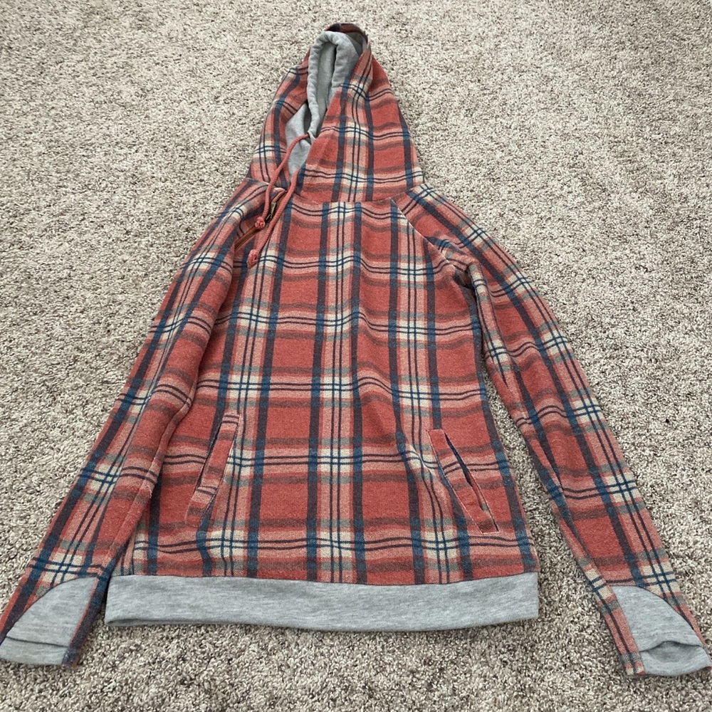 &Ave size xs burnt orange and blue plaid hoodie with thumb holes in the sleeves